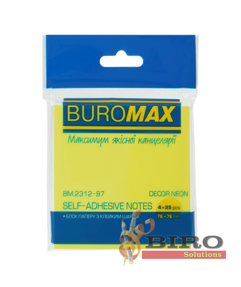 Hîrtie pentru notițe cu lipici 76x76 mm, 100 foi NEON Buromax